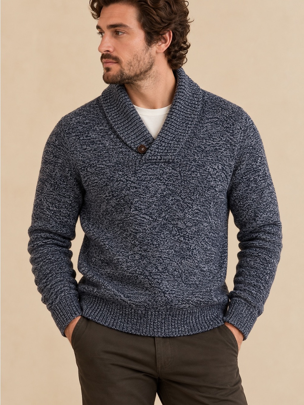 Banana Republic Men’s Heather Blue Marled Shawl Collar Pullover Sweater Medium